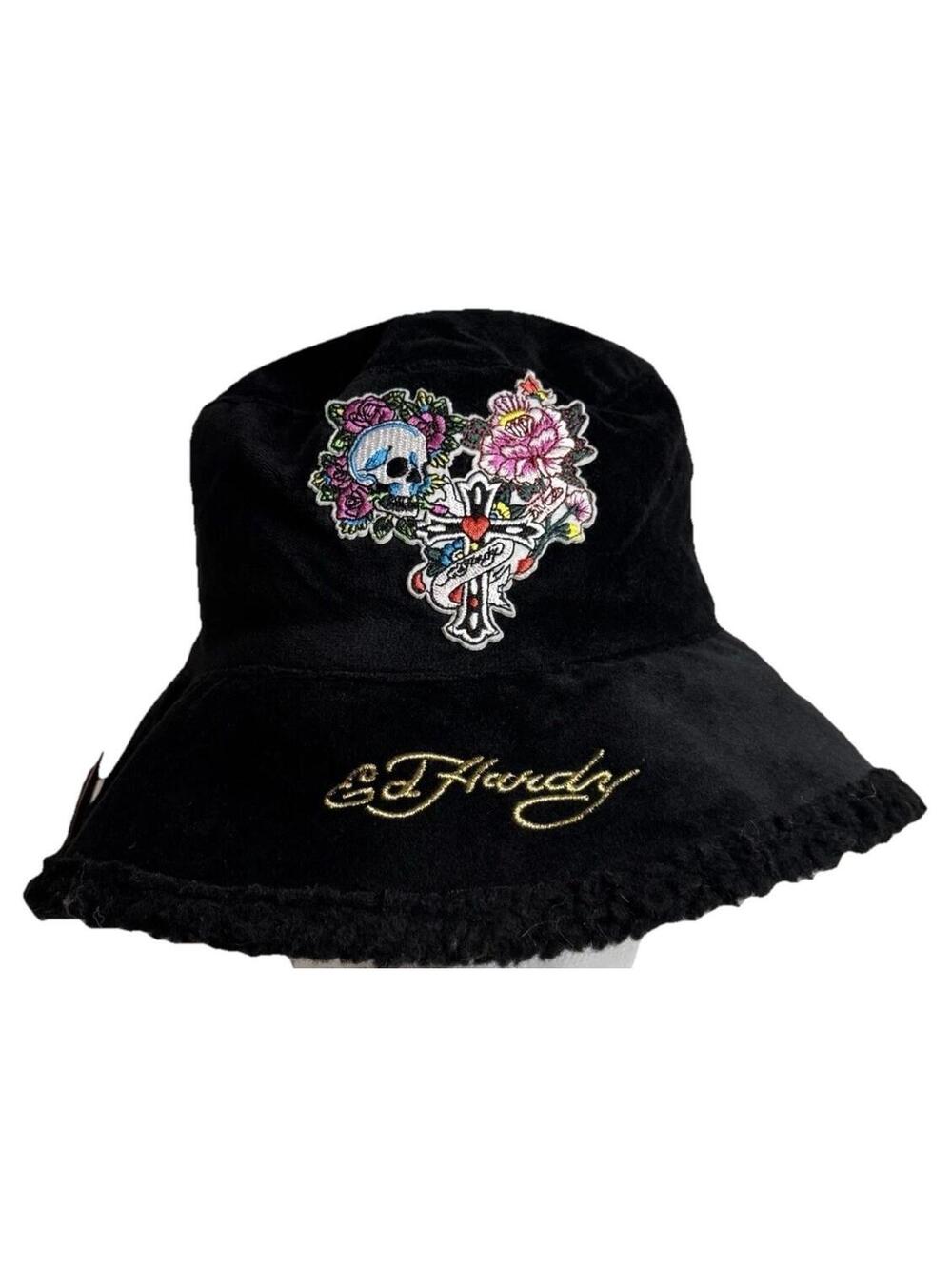 Ed Hardy Bucket Hat Womens One Size Black Fleece Embroidered Logo NEW